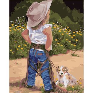 饰画 DIY数字油画自己填色材料包正在和小狗猫玩耍小女孩男孩子装