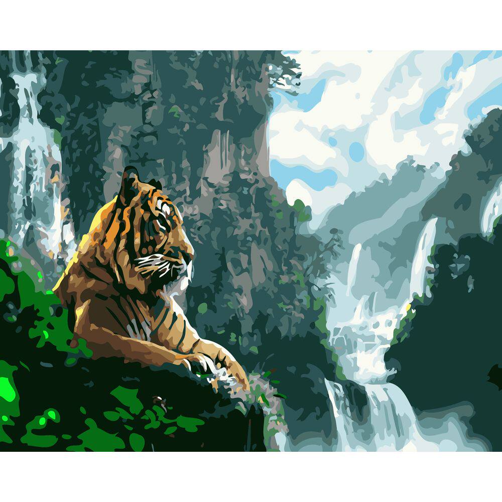 diy数字油画自己填色材料包百兽之王老虎水中白 虎动物丙稀装饰画