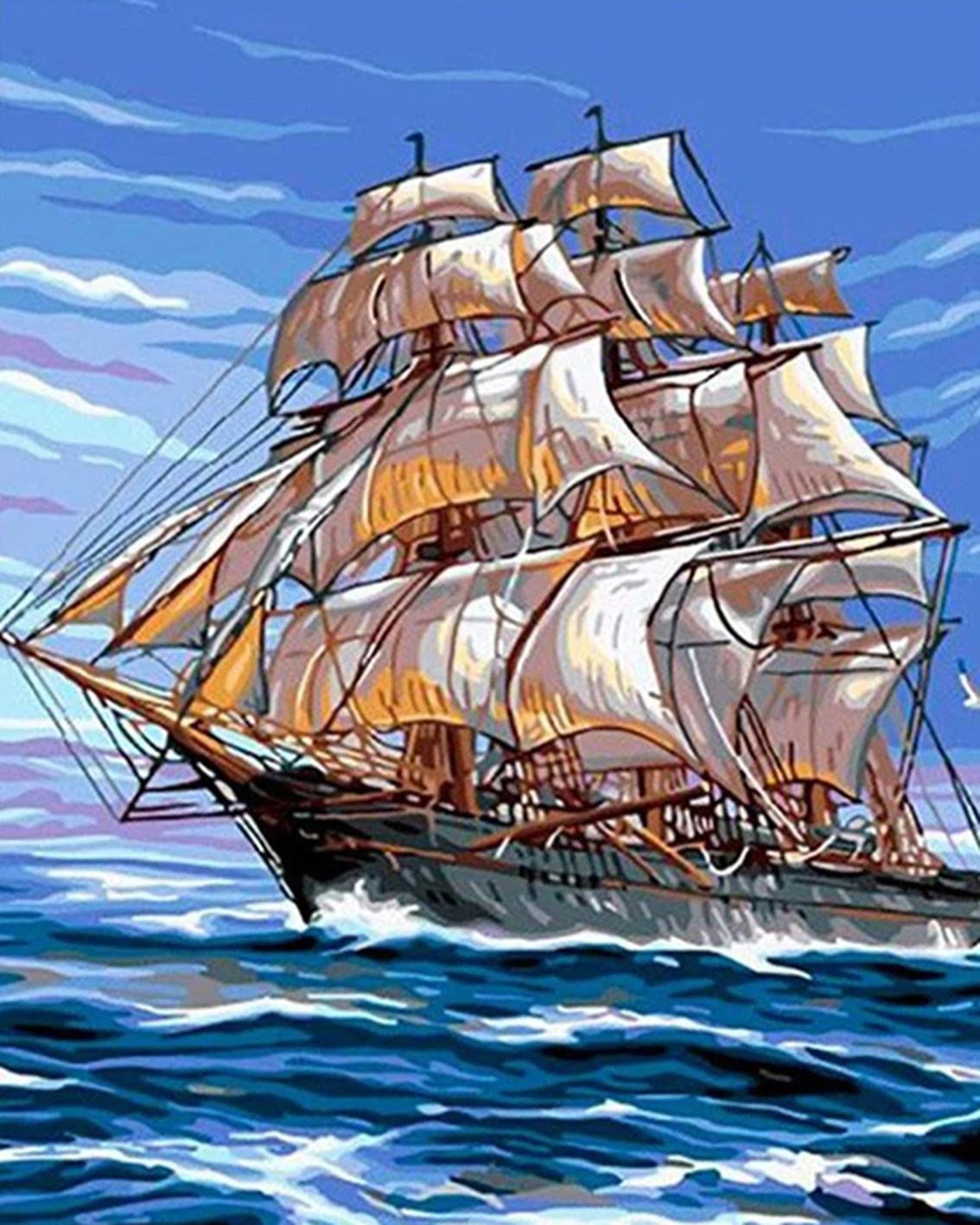 diy数字油画自己上填色海上大帆船风浪中的行驶战舰船家居装饰画