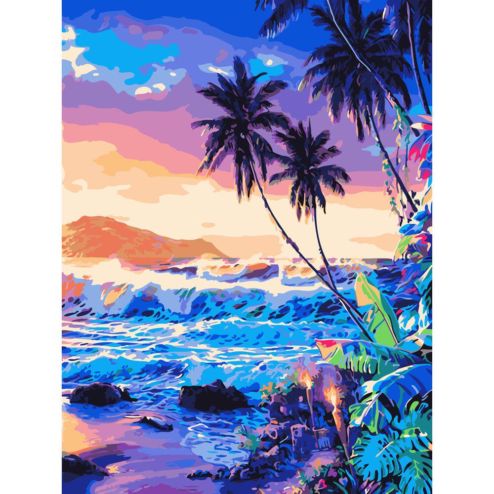 diy数字油画自己填色材料包波涛汹涌海浪礁石橘色晚霞椰树装饰画