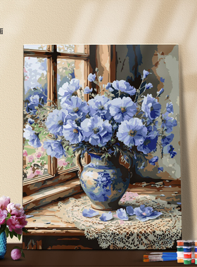 DIY数字油画自己填色白色蝴蝶兰百花齐向富贵瓶牡丹手绘装饰画
