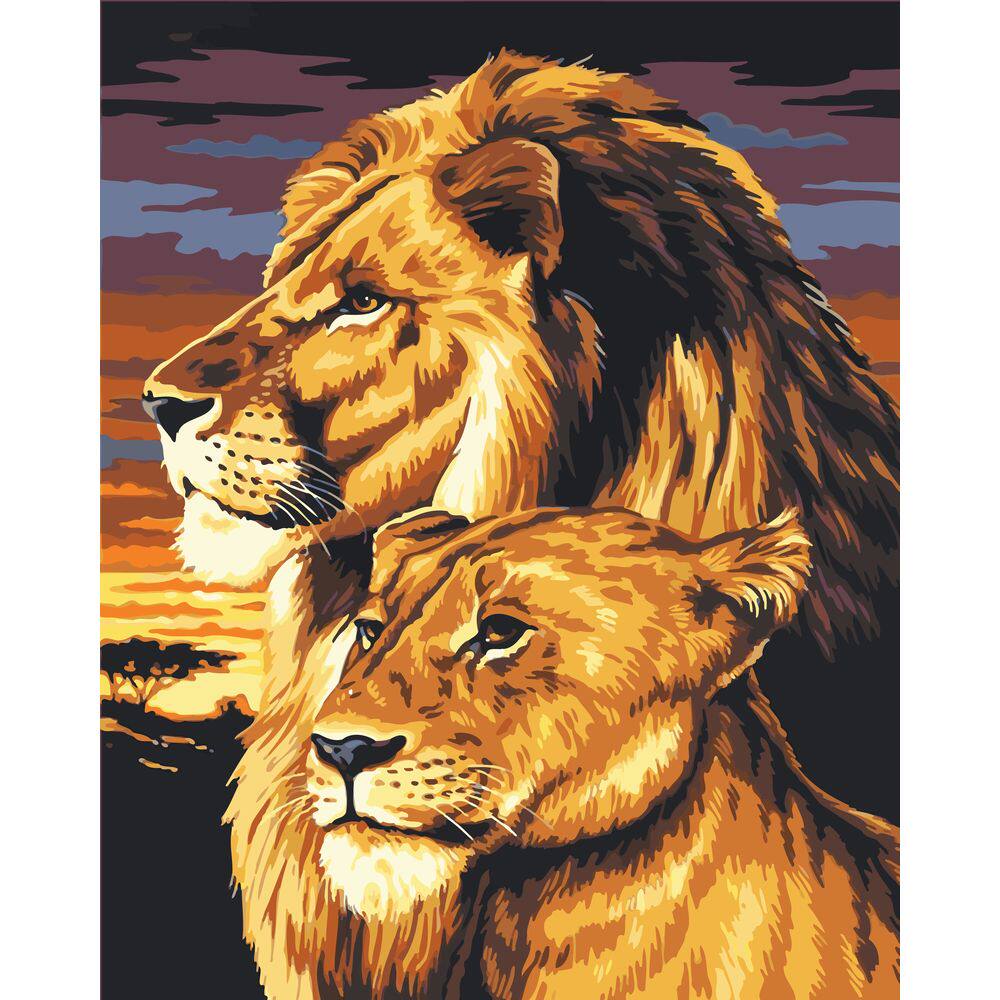 diy数字油画自己填色材料包相互依偎狮子情侣母子雄狮家居装饰画