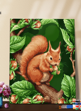 DIY数字油画自己填色材料包冬天树上雪地里觅食可爱小松鼠装饰画