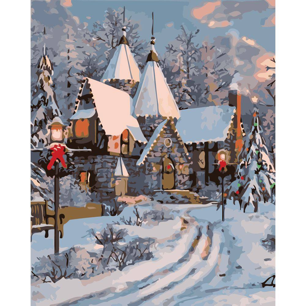 diy数字油画自己填色材料包风雪中温暖的雪屋冬天雪景家居装饰画