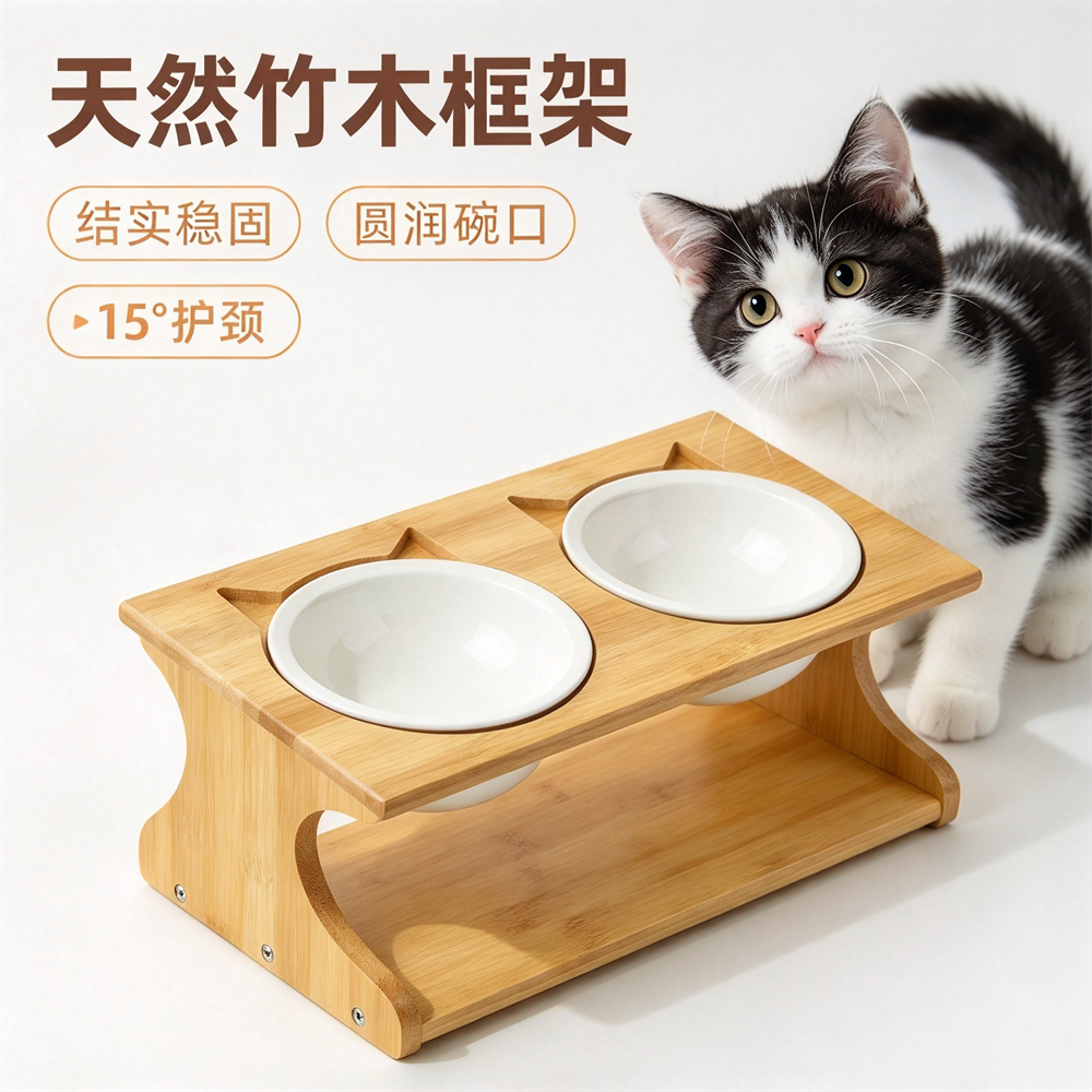 天然竹木猫狗双碗食盆架