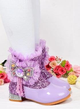 女童高跟短靴库洛米紫色公主靴女童鞋子秋冬加绒保暖马丁靴雪地靴