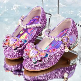 儿童水晶鞋 库洛米女童高跟鞋 小女孩软底皮鞋 新款 春秋紫色公主单鞋