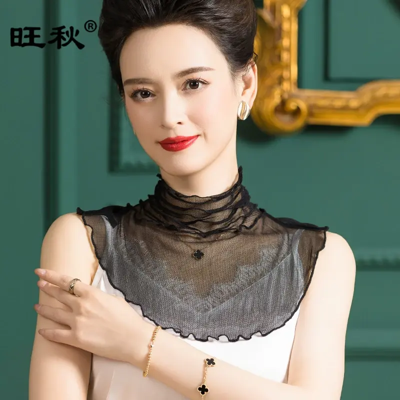100%桑蚕丝高领假领子女士春秋薄款内搭镂空网眼围脖套头防晒丝巾