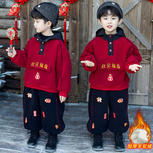 新年男童服装冬装套装加绒加厚儿童拜年服宝宝红色卫衣休闲年服
