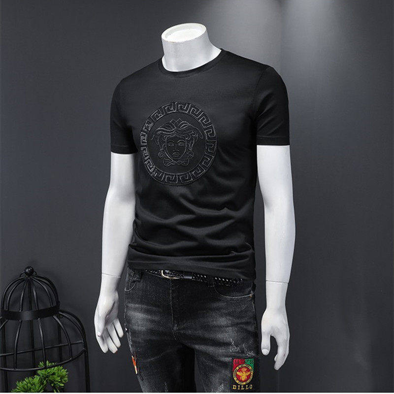 潮牌夏季刺绣圆领短袖T恤男丝光棉修身简约亮片打底衫欧洲站型男