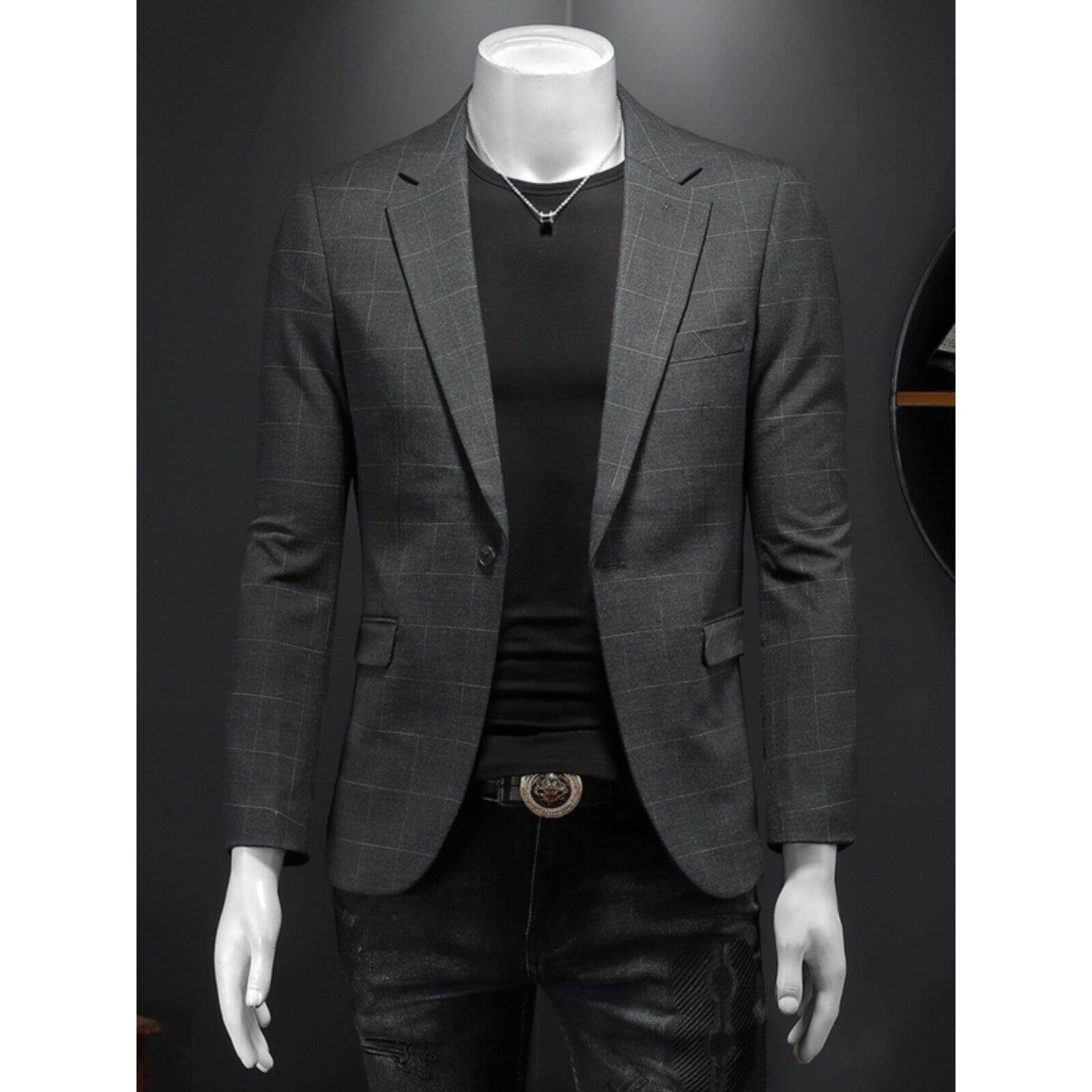 2026秋季休闲简约格子西服男青年修身一粒扣西装帅气外套上衣高端