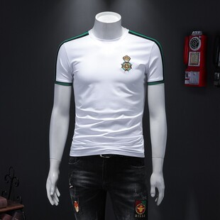 欧洲站潮牌夏季圆领短袖T恤男皇冠绣标修身青年半袖纯棉打底型男