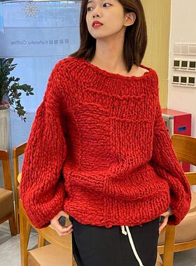 MQ高端粗线毛衣时尚个性设计感灯笼袖套头毛衣外套针织衫macqnf