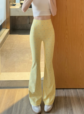 lulu同款高个子黄色波点印花高腰提臀休闲裤长裤微喇瑜伽裤女喇叭
