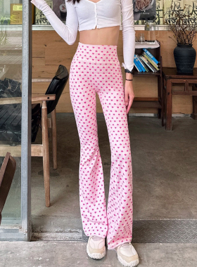 Cofina高腰提臀长裤粉色爱心印花微喇瑜伽裤女高个子加长喇叭裤