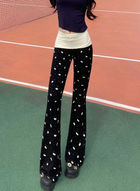Cofina高腰提臀蝴蝶印花微喇瑜伽裤女高个子加长粉色喇叭休闲裤
