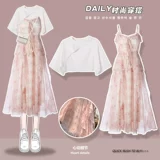 Милое платье, длинная юбка, корсет, комплект, цветочный принт, подходит для подростков, 2023