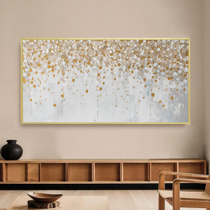 法式手绘花卉艺术风景油画轻奢金色贝壳装饰画卧室客餐厅横版挂画图片