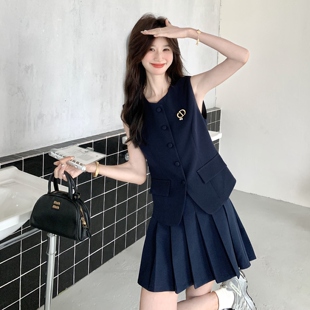 学院风无袖西装马甲套装女2025夏季新款法式高级感百褶裙两件套潮