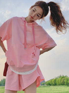 2025新款夏装套装短袖抽绳套装粉色棉撞色套装2230-P120控168