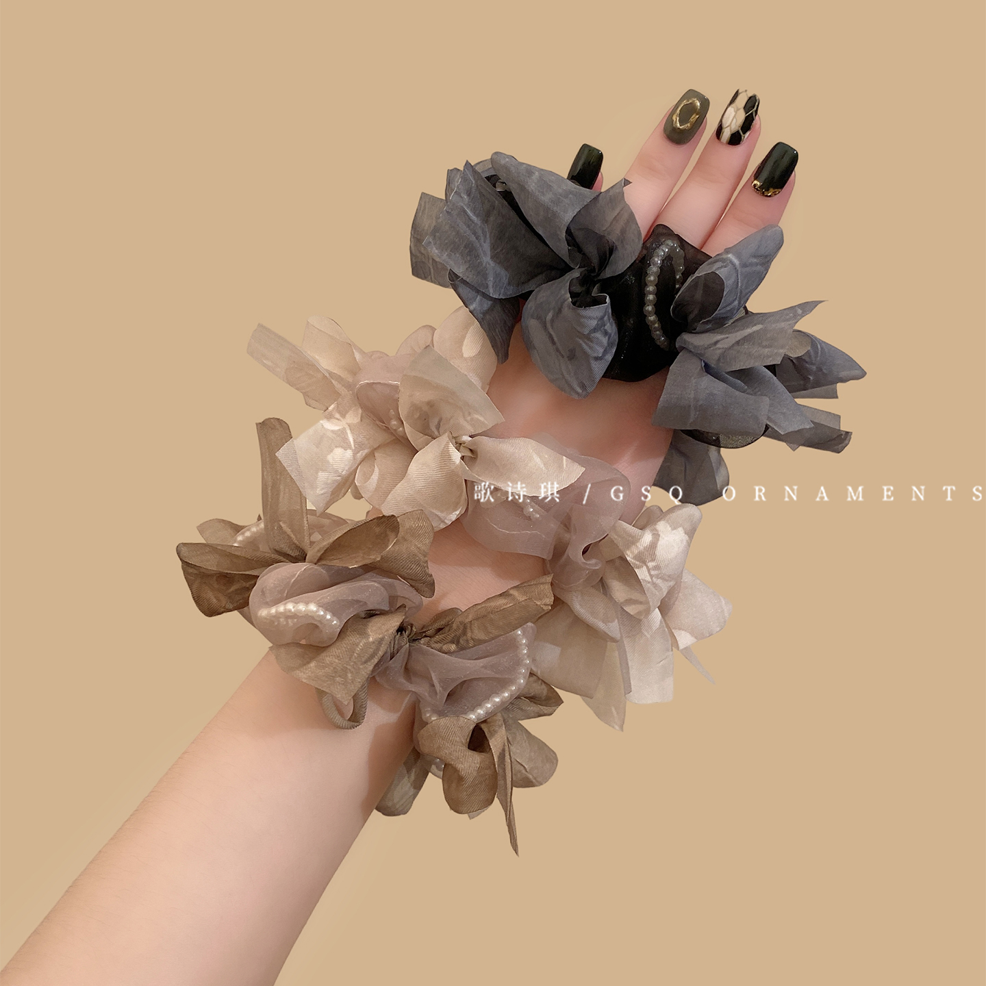 甜美网纱绑带珍珠蝴蝶结小肠发圈