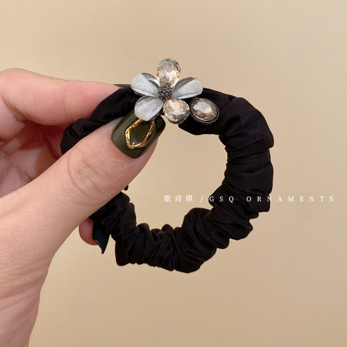 精致优雅黑色水钻花朵发圈