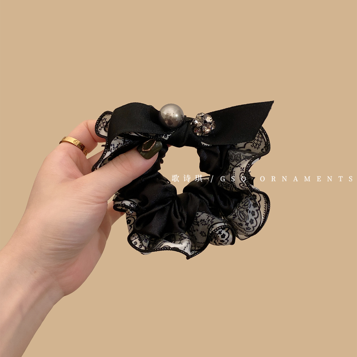 黑色蕾丝花边蝴蝶结大肠发圈