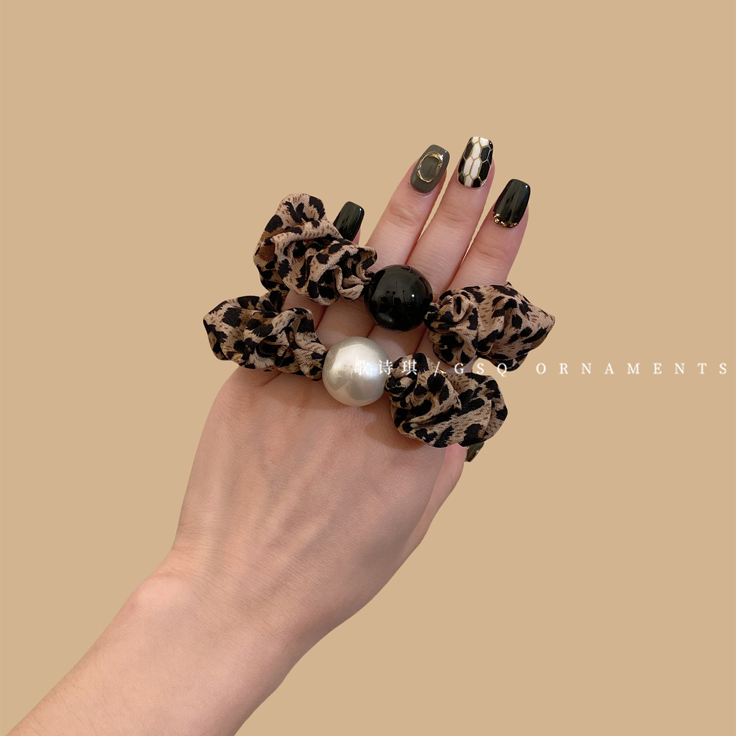 韩系复古豹纹珍珠大肠发圈