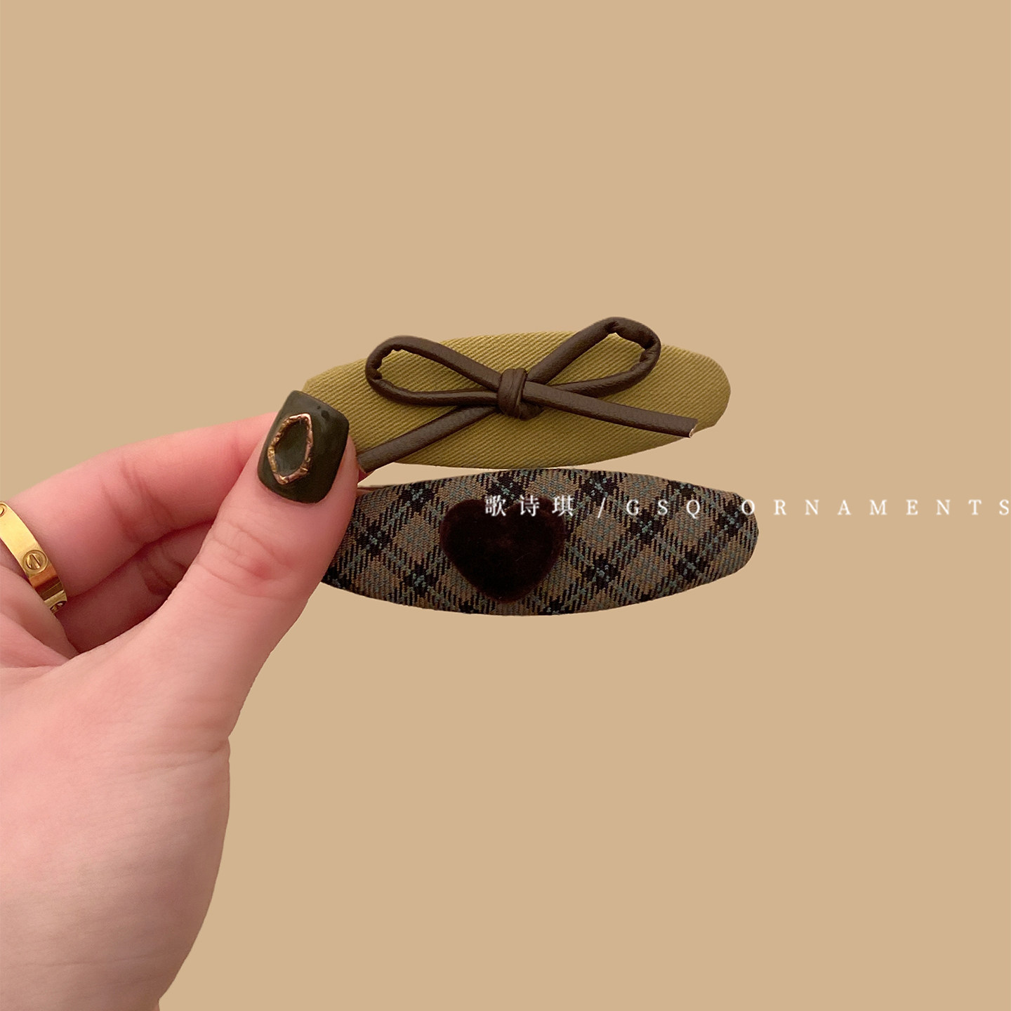 复古格纹牛油果蝴蝶结边夹掰掰夹高级感刘海发夹女前额碎发卡头饰