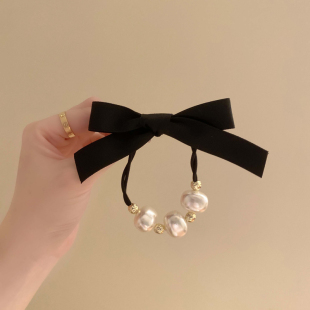 复古小香风黑色气质蝴蝶结发圈2024新款 高级感丸子头珍珠头绳女
