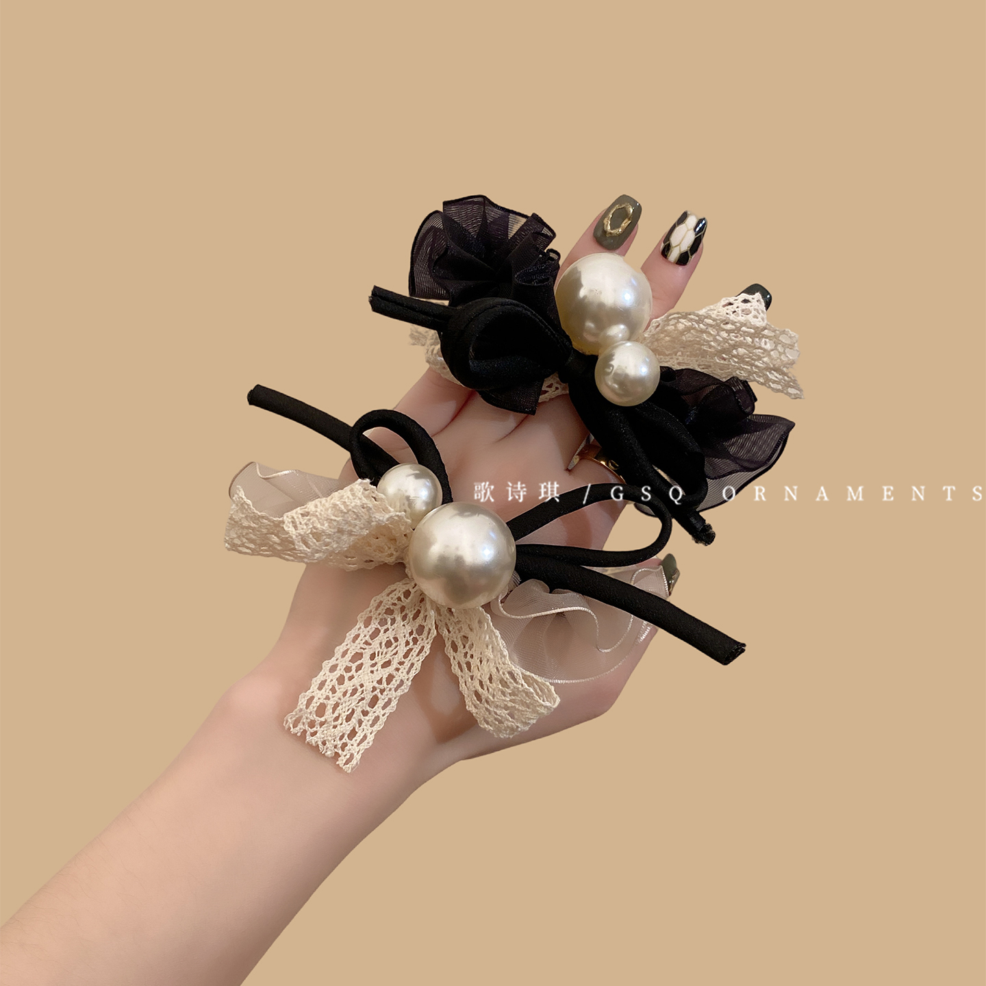 甜美蕾丝蝴蝶结网纱珍珠发圈