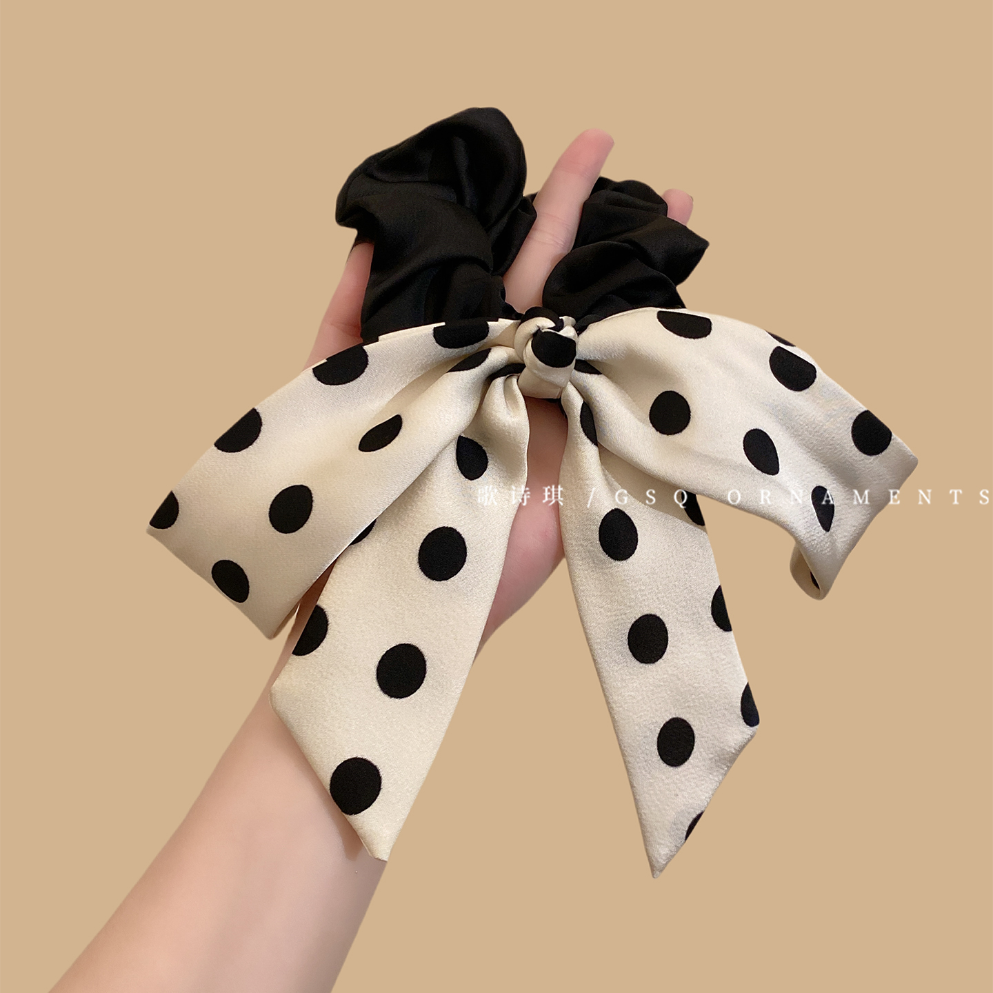 法式优雅波点蝴蝶结飘带发圈