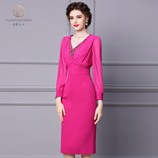 修身 女人味气质长袖 包臀裙 新款 凰都夫人紫红色钉钻连衣裙2025秋季