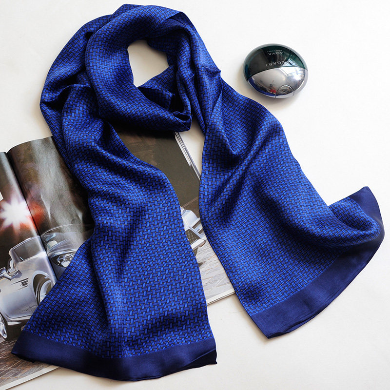 出口欧美桑蚕丝长丝巾高档真丝围巾男士秋冬薄款商务西装衬衫领蓝