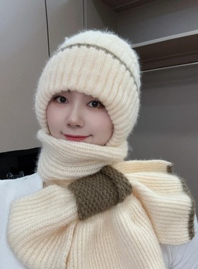 新冬季加绒加厚保暖针织风雪帽子女妈妈围巾一体护耳毛线帽中老年