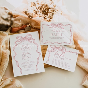  粉色蝴蝶结手绘卡片设计美甲饰品定制派对邀请卡 创意定制印刷