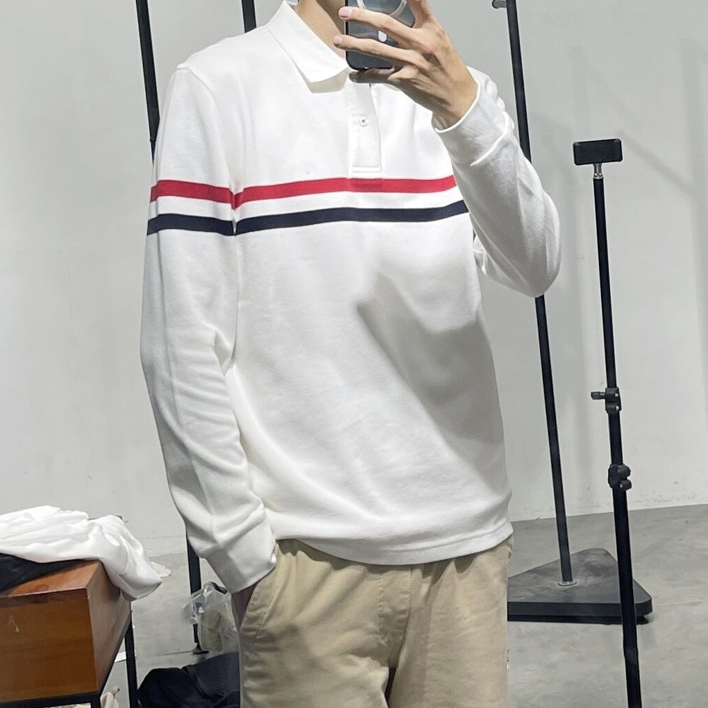 意式高端 秋季弹力休闲保罗POLO衫 红白蓝撞色翻领长袖T恤衫 白色