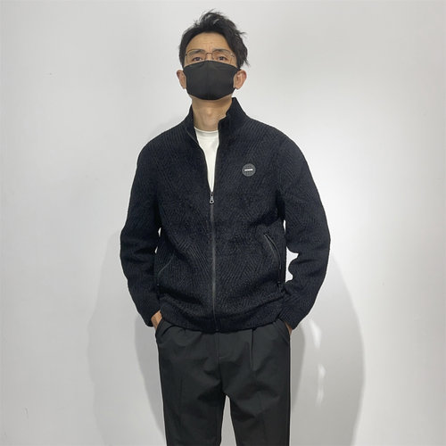 高端系秋冬季修身立领保暖厚挺夹克衫男贴标黑色拉链茄克弹力外套