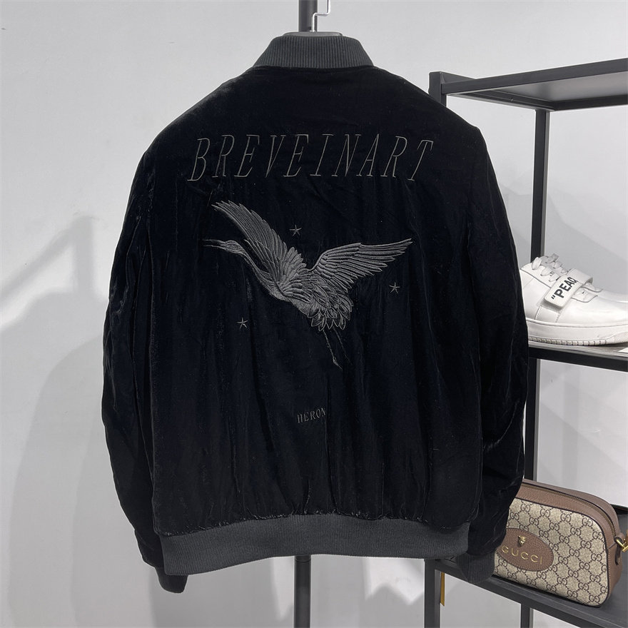 万针仙鹤绣花 鸟系列男士黑色加棉保暖丝绒夹克衫 棒球服棉衣外套