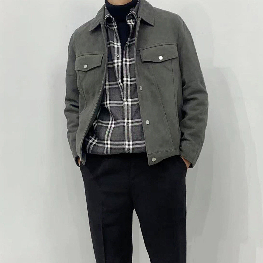 纯色山羊皮皮衣翻领皮夹克