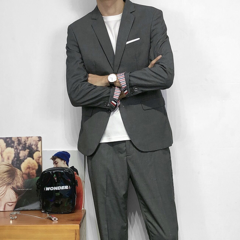 DH定制男士休闲TB小西装秋新款修身英伦小西服结婚礼服外套潮灰色