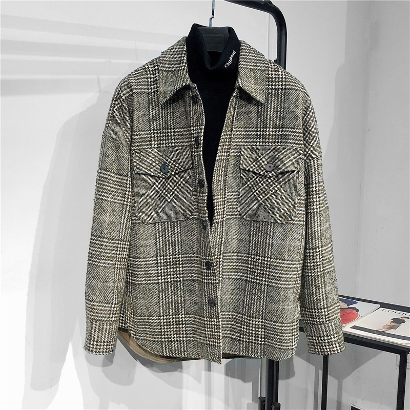 意式老钱风 高端系冬季格纹毛呢夹棉衬衫式夹克 羊毛呢子棉衣外套