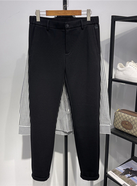 意式高端秋季抗皱中弹皇冠刺绣修身小直筒半松紧腰休闲裤男 黑色