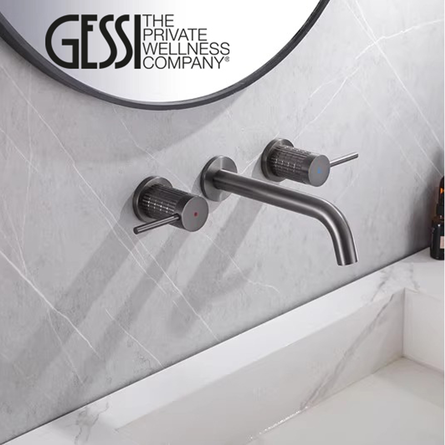 捷仕全铜入墙式台上盆双孔水龙头