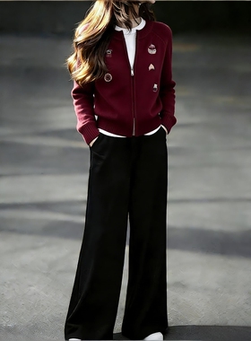 春装韩系穿搭一整套洋气减龄复古气质慵懒刺绣针织红色毛衣套装裤