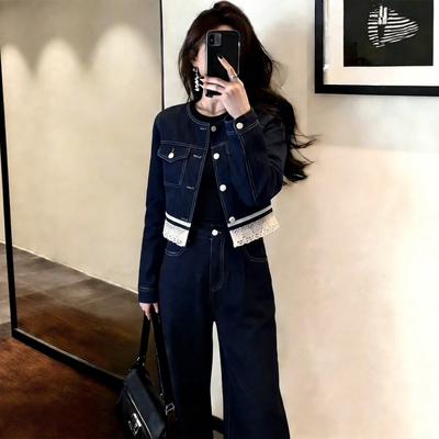 高级感小香风牛仔阔腿裤两件套女