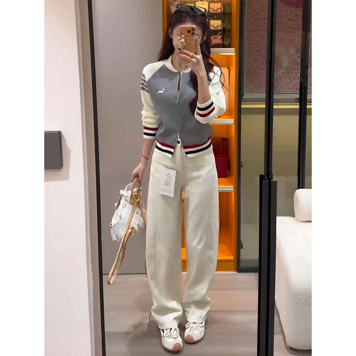 拼接针织开衫高腰阔腿裤两件套装