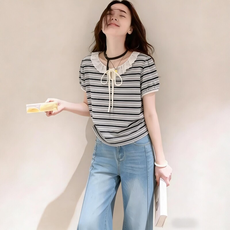夏季穿搭一整套女2026新款条纹蕾丝花边领短袖T恤显瘦直筒牛仔裤