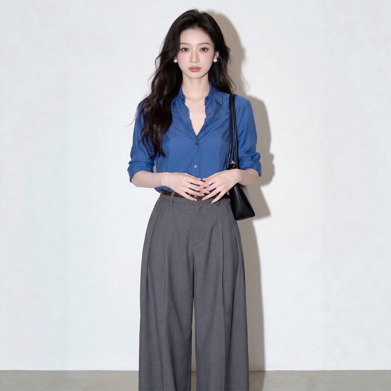巨好看漂亮穿搭一整套宝蓝色衬衫灰色裤子两件套装女早秋2026新款