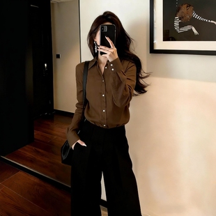 2026超火春装一整套高级感气质干练轻熟风咖色衬衫上衣阔腿裤套装